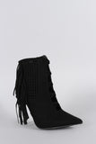 Suede Perforated Fringe Pointy Toe Stiletto Booties