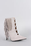 Suede Perforated Fringe Pointy Toe Stiletto Booties