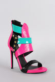 Colorblock Strappy Spiked Snake Embossed Open Toe Stiletto Heel