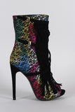 Geometric Print Buckle Fringe Peep Toe Stiletto Mid Calf Boots