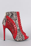 Abstract Print Corset Peep Toe Stiletto Booties