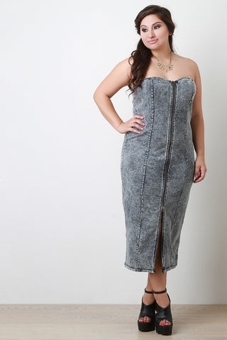 Acid Wash Denim Zipper Strapless Tube Midi Dress