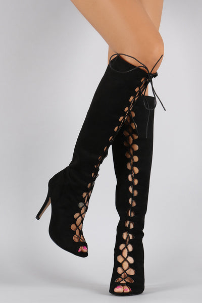 Suede Corset Lace Up Peep Toe Stiletto Knee High Boots