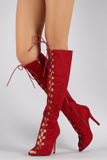 Suede Corset Lace Up Peep Toe Stiletto Knee High Boots