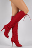 Suede Corset Lace Up Peep Toe Stiletto Knee High Boots