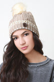 Button And Fur Pom Pom Ridged Knit Beanie