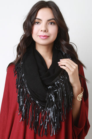 Fine Knit Vegan Leather Fringe Infinity Scarf