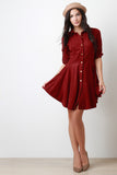 Suede Long Sleeves Button-Up Flared Dress