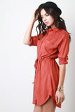 Suede Collared Drawstring Button-Up Shirt Dress