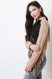 Zipped Up Two Tone Suede Fringe Long Sleeves Jacket