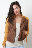 Zipped Up Two Tone Suede Fringe Long Sleeves Jacket