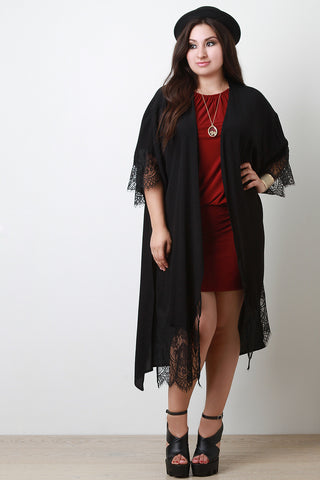 Lace Accent Longline Slit Cardigan