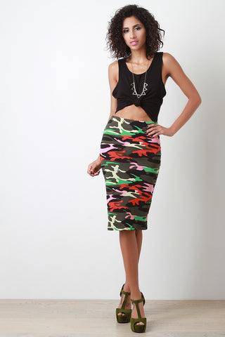 Colorful Camouflage Print Midi Pencil Skirt