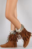 Fur Cuff Fringe Lace Up Moccasin Boots