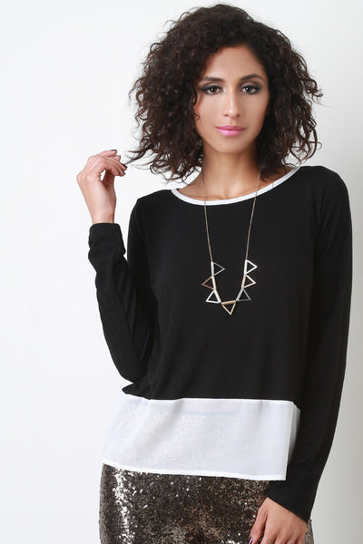 Contrast Chiffon Hem Long Sleeve Top