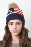 Fur Pom Pom Flag Knit Beanie