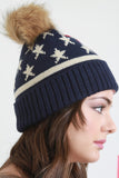 Fur Pom Pom Flag Knit Beanie