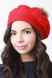 Fur Pom Pom Cable Knit Beret