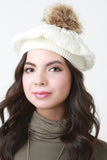 Fur Pom Pom Cable Knit Beret