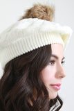 Fur Pom Pom Cable Knit Beret