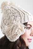 Mixed Cable Knit Triple Pom Pom Beanie