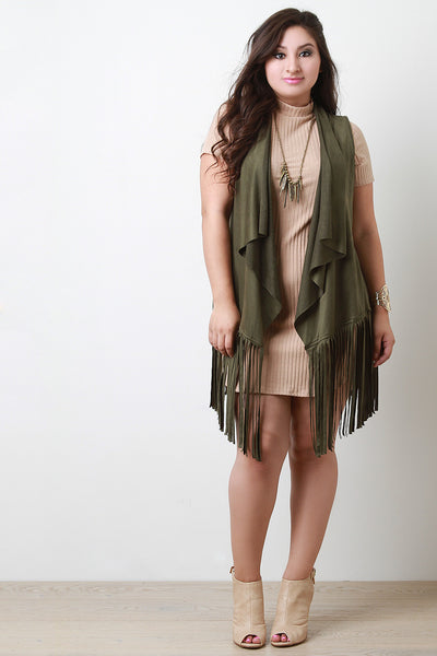 Suede Draping Open Front Fringe Vest