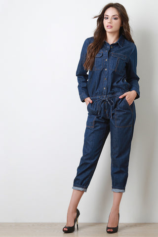 Denim Button-Up Capri Jumpsuit