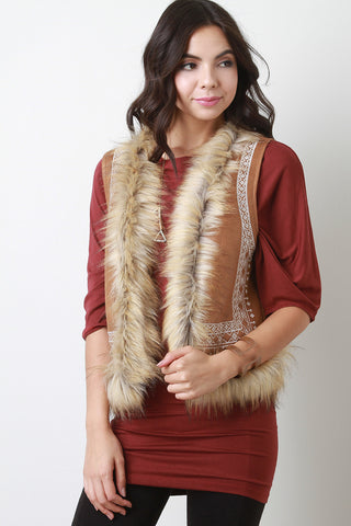 Faux Fur Suede Embroidered Tribal Vest