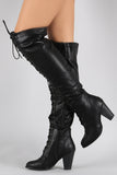 Almond Toe Lace Up Stacked Heeled Over-The-Knee Boots