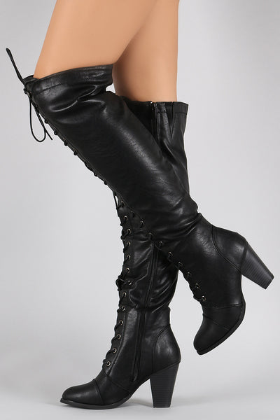 Almond Toe Lace Up Stacked Heeled Over-The-Knee Boots