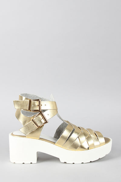 Qupid Woven Metallic Ankle Strap Peep Toe Flatform Sandal