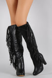 Vegan Leather Falling Fringe Chunky Heel Boots