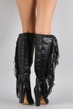 Vegan Leather Falling Fringe Chunky Heel Boots