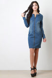 Zip up Denim Back Cutout Long Sleeves Midi Dress