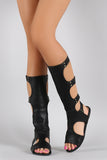 Liliana Studded Elastic Caged Gladiator Knee High Flat Sandal