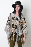 Tassel Hem Marled Knit Round Neck Pattern Poncho