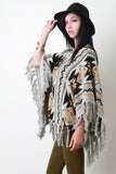 Tassel Hem Marled Knit Round Neck Pattern Poncho