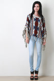 Tassel Hem Marled Knit Round Neck Pattern Poncho