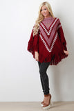 Fringe Hem Patterned Crew Neck Poncho