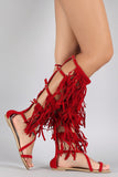 Suede Strappy Fringe Open Toe Gladiator Flat Sandal