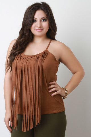 Suede Fringe Neckline Sleeveless Top