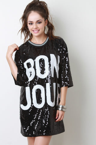 Bon Jour Sequin Short Sleeves Shift Dress