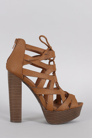 Qupid Snake Caged Lace Up Platform Chunky Heel