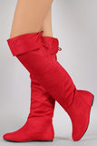 Suede Round Toe Cuff Bow Tie Over-The-Knee Flat Boots