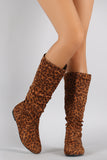 Leopard Print Round Toe Slouchy Flat Boots