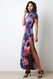 Tie Dye Mock Neck Short Sleeves Slit Maxi Dress