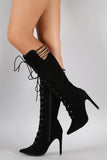 Suede Strappy Pointy Toe Lace Up Stiletto Boots