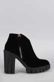 Velvet Pointy Toe Zip Up Lug Sole Platform Heeled Booties