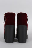 Velvet Pointy Toe Zip Up Lug Sole Platform Heeled Booties