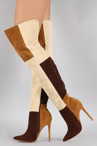 Shoe Republic LA Suede Colorblock Patchwork Stiletto Boots